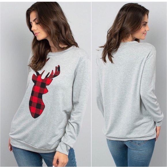 Grey Women’s Buffalo plaid patch reindeer casual long sleeve comfy holiday top - Picture 2 of 2